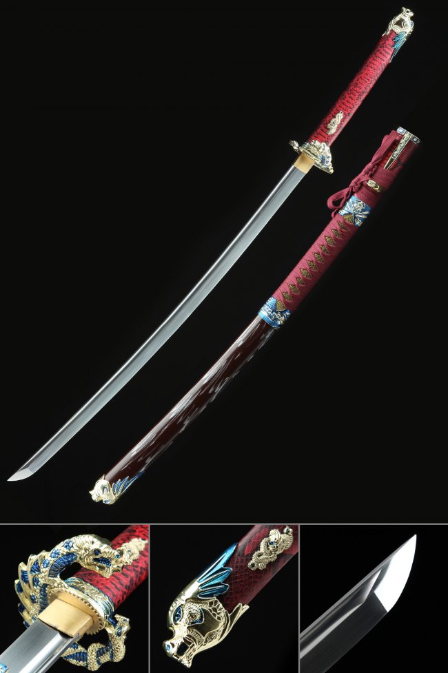 Dragon Tsuba Manganese Steel Katana, Full Tang, Handmade & Dark Red Dragon Saya