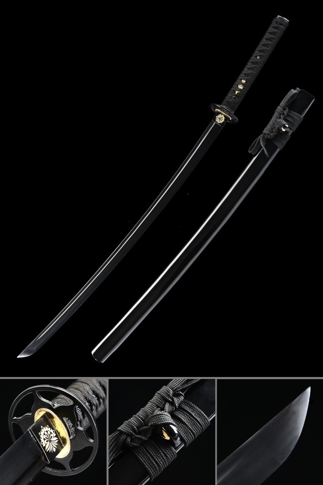 Black Blade Katana in Manganese Steel with Chrysanthemum Tsuba - Full Tang Samurai Sword