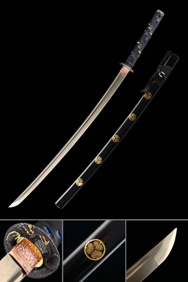 Manganese Steel Katana with Dragon Tsuba in Black Lacquer Saya - Gold Kamon Accents