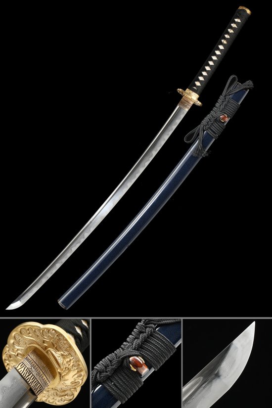T10 Carbon Steel Katana with Clay Tempered Blade - Gold Dragon Tsuba, Dark Blue Hardwood Saya