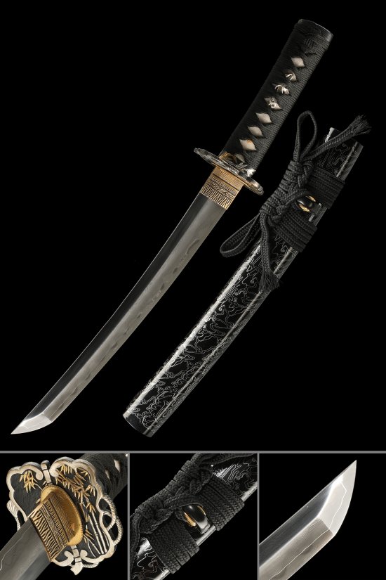 Damascus Steel Tanto with Dragon Saya - Black Ito, Gold-Black Bamboo Tsuba, Hamon Blade
