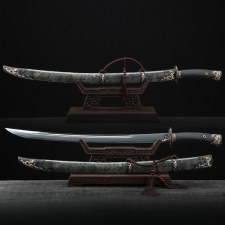 Chinese Qin Dynasty Da Dao Saber Sword Broadsword Damascus Steel With Rayskin Scabbard