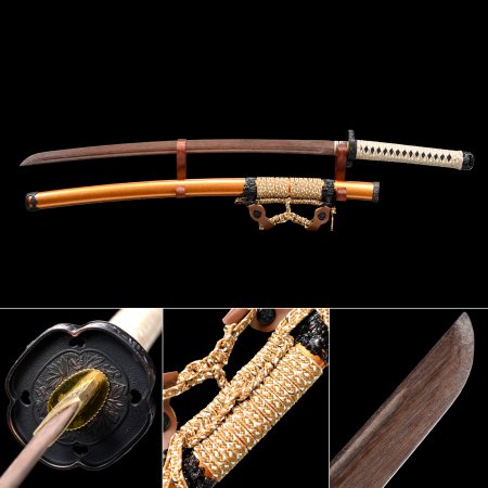 Handmade Brown Wooden Blade Unsharpened Katana Sword With Orange Scabbard And Bronze Tsuba