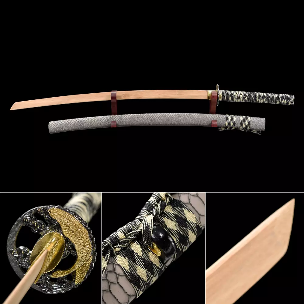 TRUEKATANA® Handmade Natural Bamboo Wooden Blade Unsharpened Katana Sword With top Yellow Scabbard And Alloy Tsuba