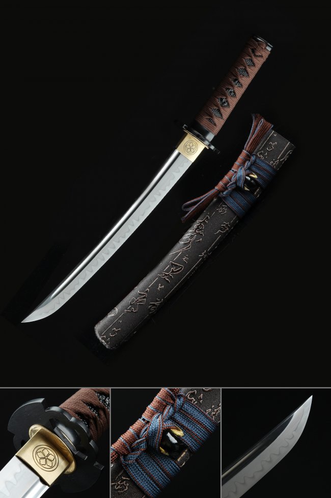 T10 Folded Clay Tempered Tanto Sword with Real Hamon in Brown Ito and Kanji-Carved Leather Saya