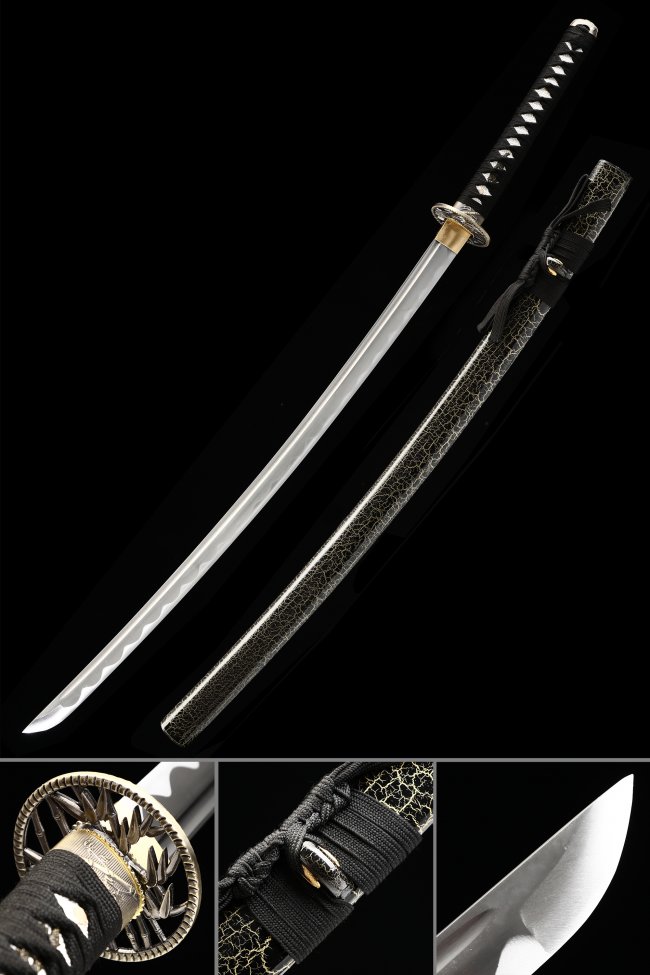 1045 Carbon Steel Katana with Bamboo Theme Tsuba in Black Crackle-Pattern Saya - Full Tang Collectible Sword
