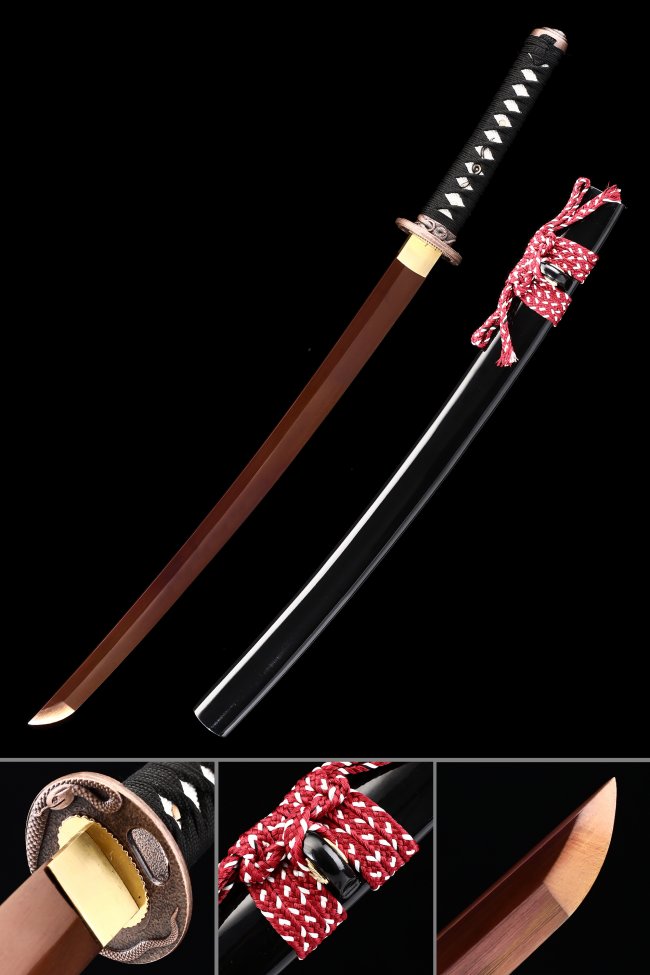 Manganese Steel Dark Red Blade Wakizashi with Snake Tsuba in Black Lacquer Saya - Red-White Sageo
