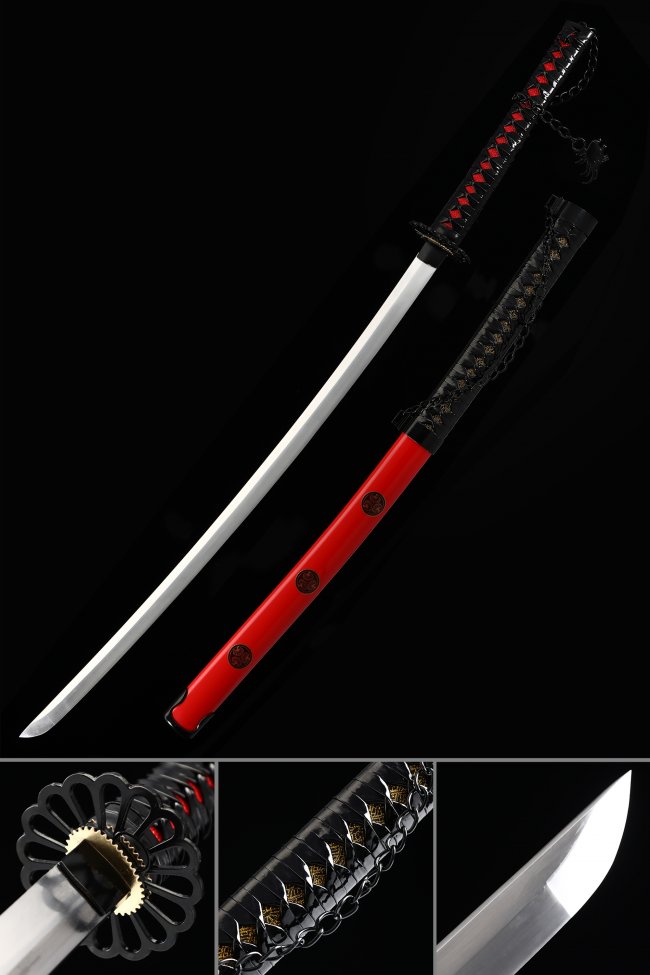 Manganese Steel Katana with Red Lacquer Saya in Black-Red Tsuka - Chrysanthemum Tsuba Full Tang Replica