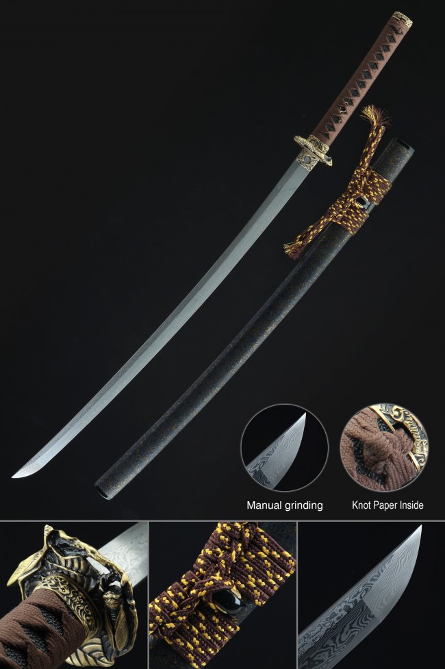 Damascus Steel Katana with Tiger Tsuba - Brown Cord Handle, Black Lacquer Saya, Brown-Gold Sageo