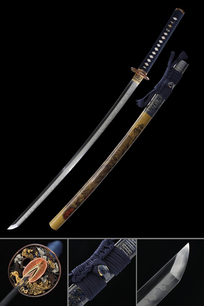Dragon Tsuba T10 Carbon Steel Katana, Real Hamon, Handmade & Beige Dragon Saya