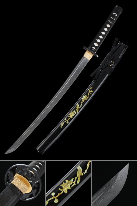 Handmade Japanese Black Blade Wakizashi Sword Pattern Steel