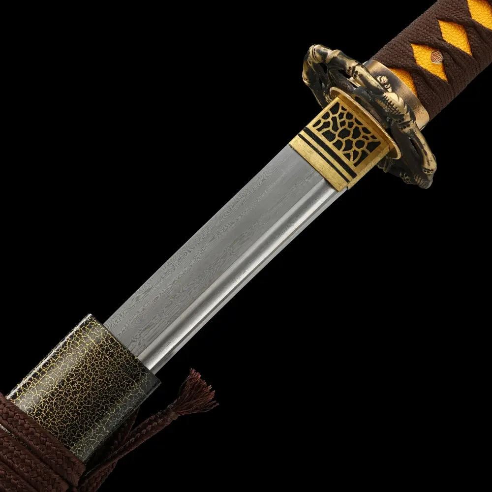 Japanese Sword | Damascus Steel Katana with Snake Tsuba in Gold