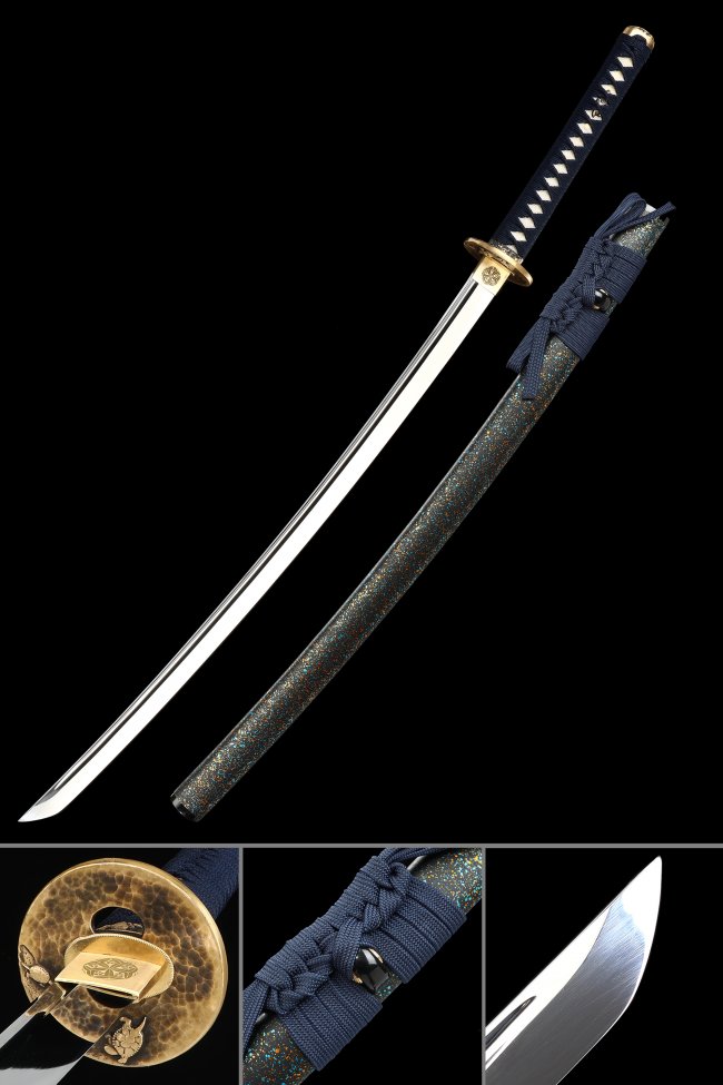 1095 Carbon Steel Full Tang Katana with Dark Blue Handle in Marble-Style Lacquer Saya