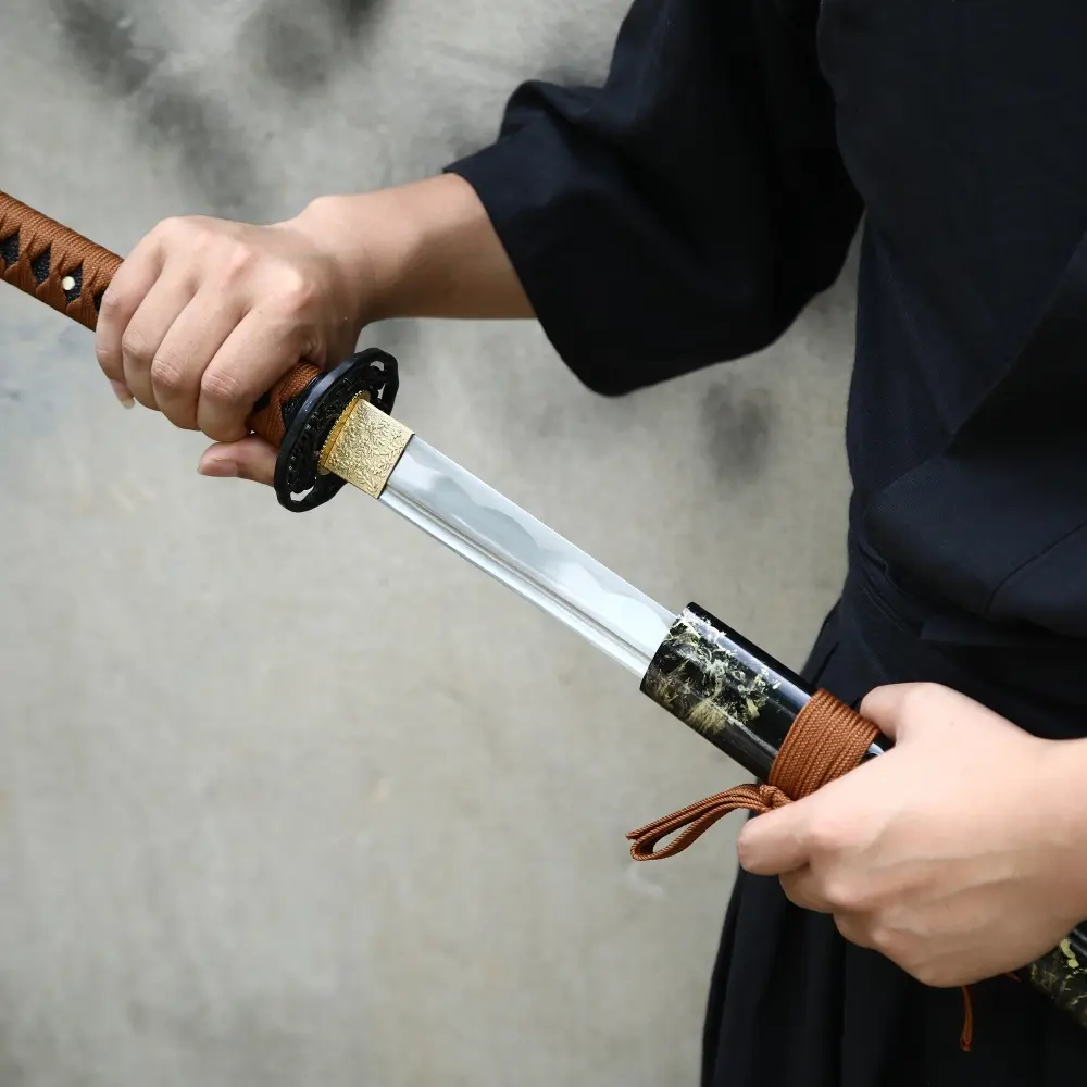 1060 Carbon Steel Wakizashi with Black Lacquer Saya - Orange Ito