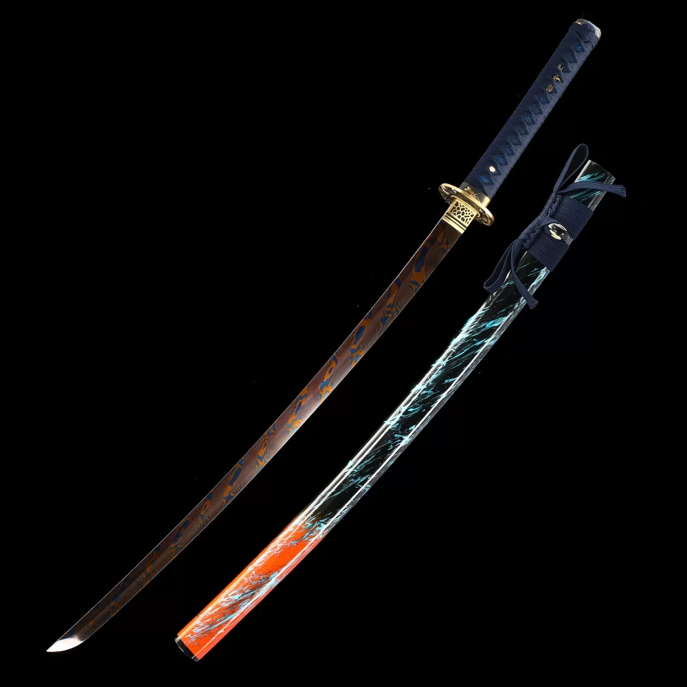 Folded Melaleuca Steel Katana with Red-to-Blue Gradient Blade in