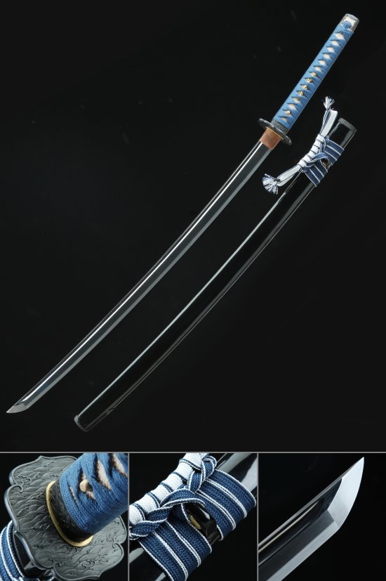 Wave Tsuba Tamahagane Steel Katana, Clay Tempered, Real Hamon & Full Tang