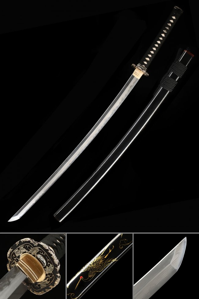 Damascus Steel Katana with Dragon-Engraved Black Lacquer Saya in Black-Gold Ornate Scroll Tsuba