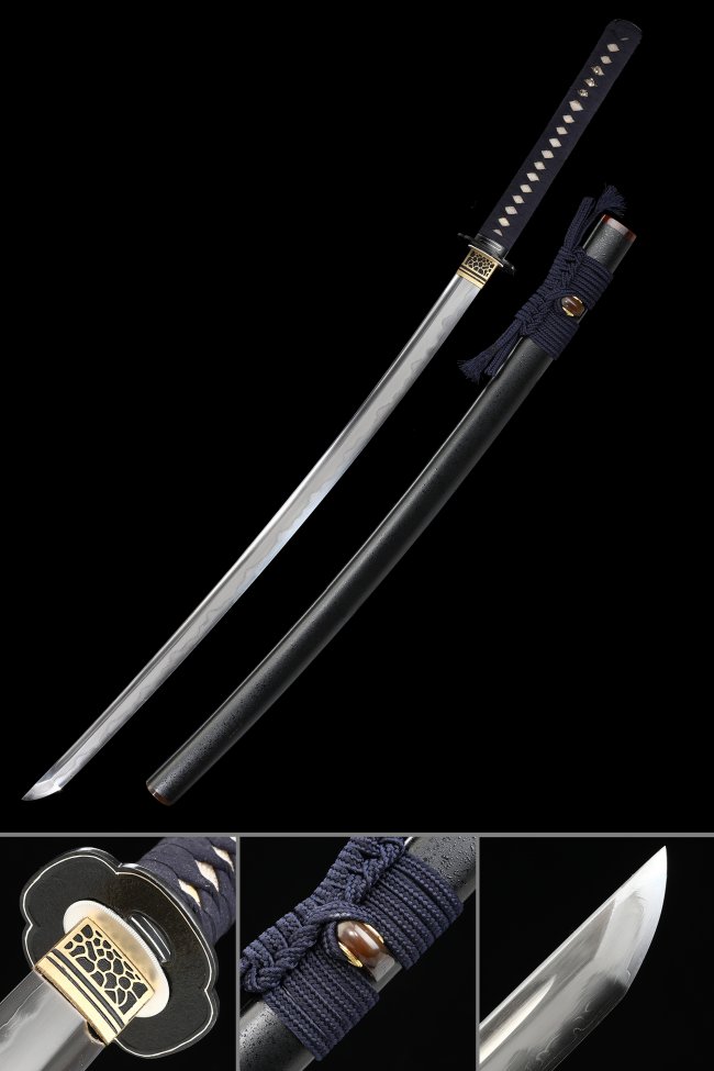 Manganese Steel Katana with Real Hamon in Black Lacquer Saya - Dark Blue Ito & Gold-Black Tsuba