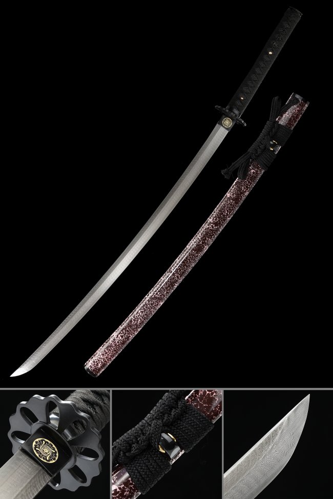 Damascus Steel Katana in Marble Dark Red-White Saya with Black Geometric Alloy Tsuba