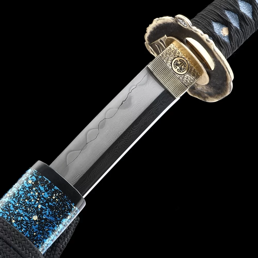 Full Tang Katana | T10 Carbon Steel Wakizashi with Blue Splatter