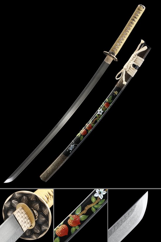 Folded Melaleuca Steel Katana with Hand-Painted Strawberry Floral Black Saya & Beige Ito