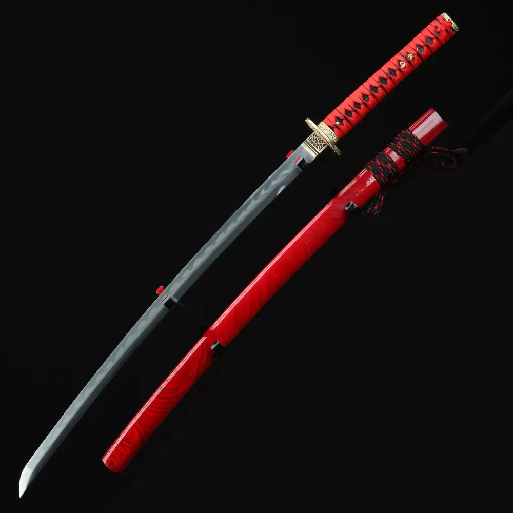 Red Katana | Chrysanthemum Tsuba T10 Carbon Steel Katana, Folded