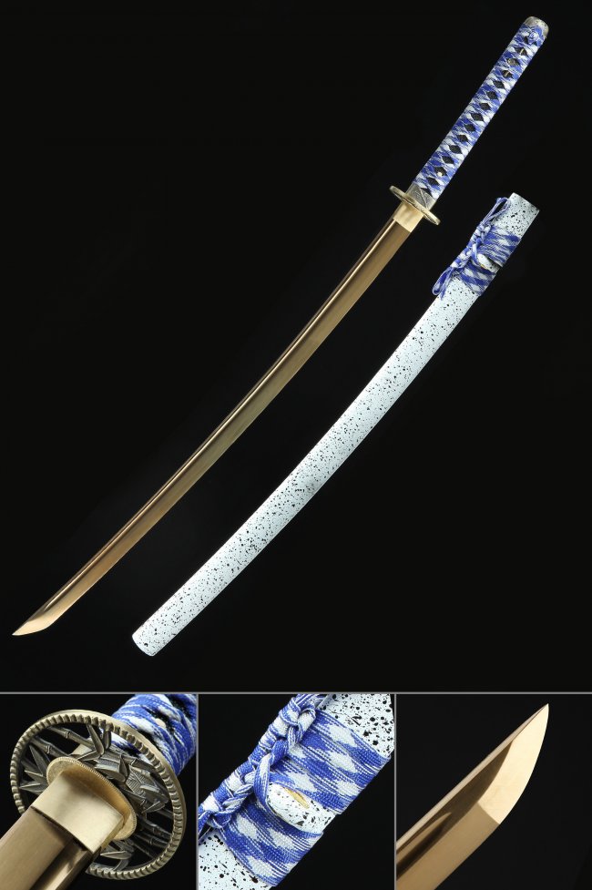 1045 Carbon Steel Katana with Golden Blade and Blue-White Tsuka in White Speckled Saya