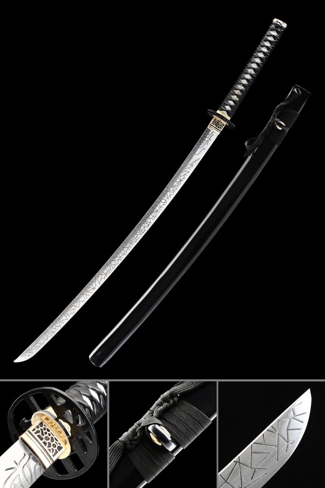 Manganese Steel Katana with Lightning Engraved Blade in Black Hardwood Lacquer Saya