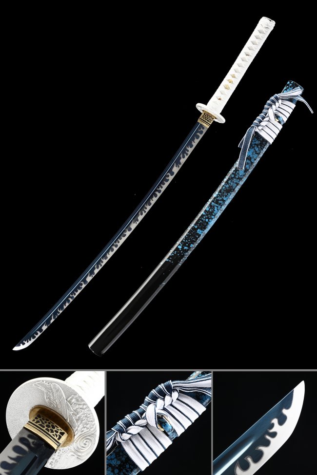 Blue Blade Katana in Manganese Steel with Wave Engraving - White Tsuka, Flower Saya, Gold Tsuba