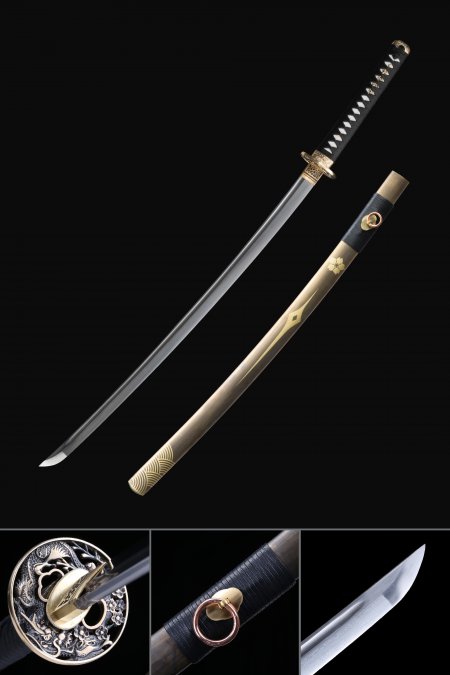 Damascus Katana, Handmade Japanese Katana Sword Damascus Steel With Brown Scabbard