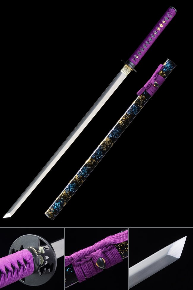 1060 Carbon Steel Chokuto Sword with Black Skull Tsuba - Purple Ito & Galaxy Saya