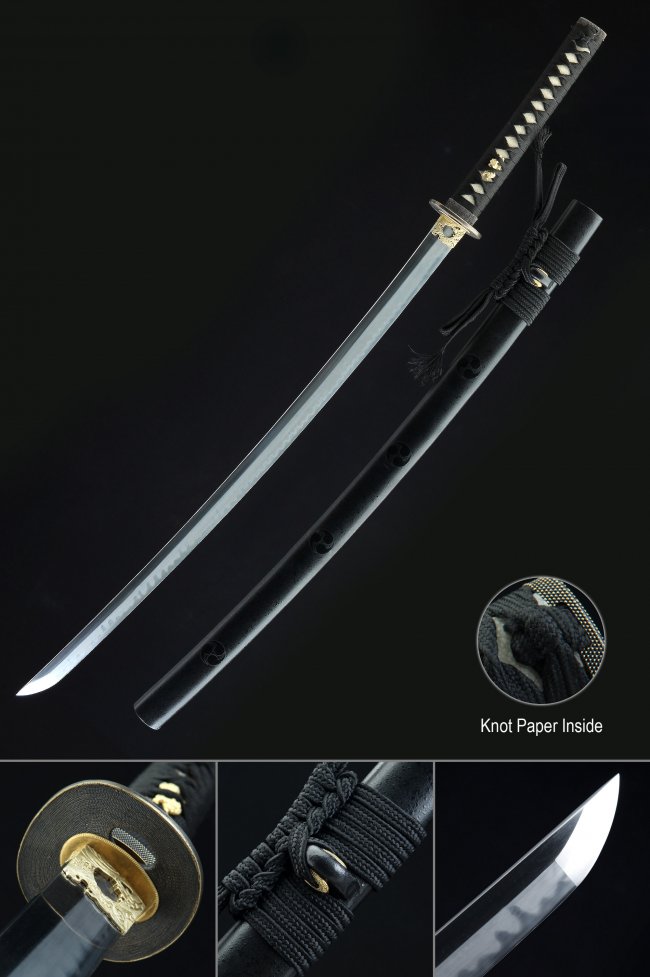 T10 Clay Tempered Katana with Real Hamon in Black Piano Lacquer Saya - Gold Copper Tsuba Full Tang Sword