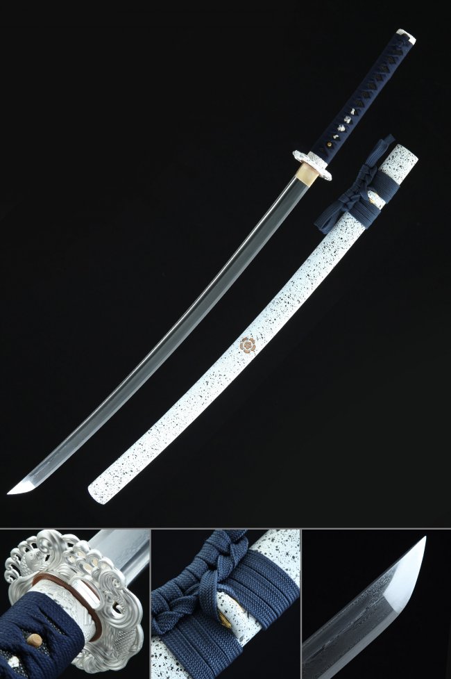 Damascus Steel Katana with White Speckled Saya - Silver Dragon Tsuba, Dark Blue Ito