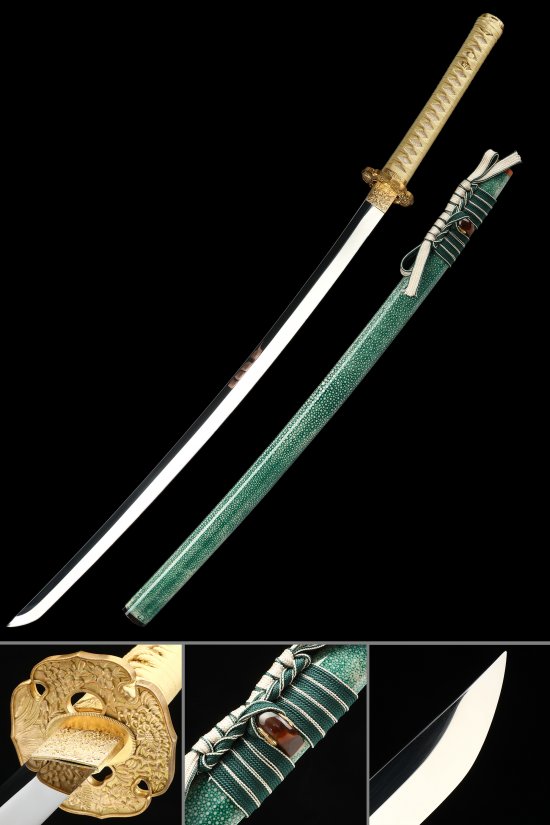 1095 Carbon Steel Katana with Green Pearl Rayskin Saya - Gold Chrysanthemum Tsuba, Beige Cord Handle