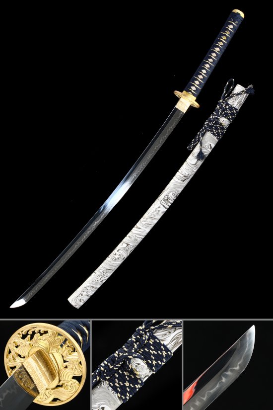 Dragon Tsuba T10 Carbon Steel Katana, Real Hamon, Handcrafted & White Wave Saya