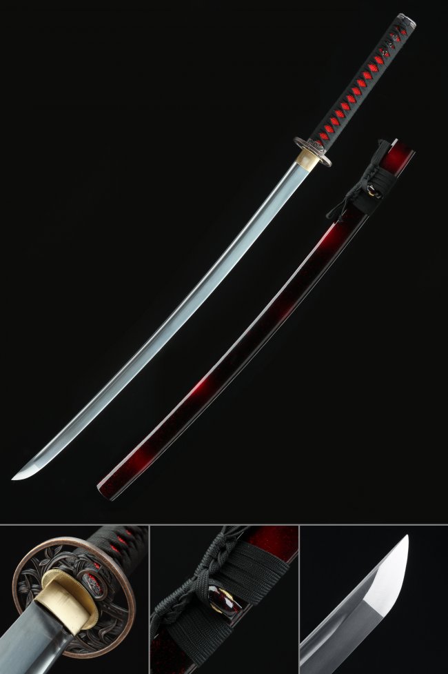 1045 Carbon Steel Katana Sword with Dark Red Piano Lacquer Saya and Orchid Alloy Tsuba - Full Tang Collectible