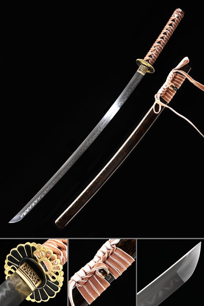 1060 Carbon Steel Katana with Real Hamon - Gold Chrysanthemum Tsuba, Brown Ito & Dark Red Lacquer Saya