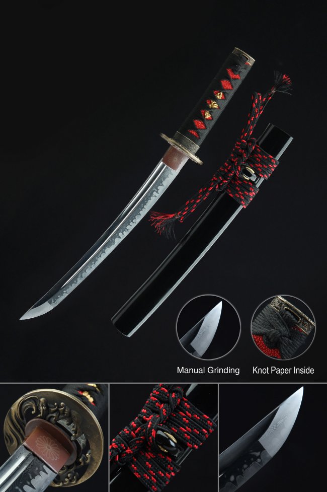 Clay Tempered T10 Damascus Steel Japanese Tanto with Hamon Line in Black and Red Ito Wrap