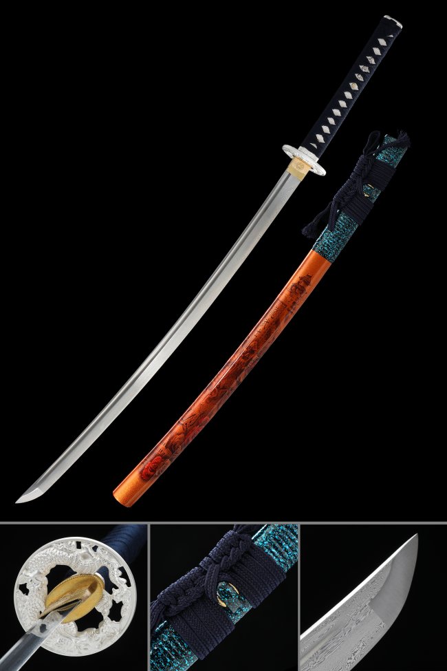Damascus Steel Katana with Engraved Orange Lacquer Saya - Dragon Tsuba, Black Tsuka