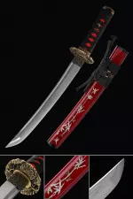 Handmade Japanese Short Tanto Sword Pattern Steel With Red Saya