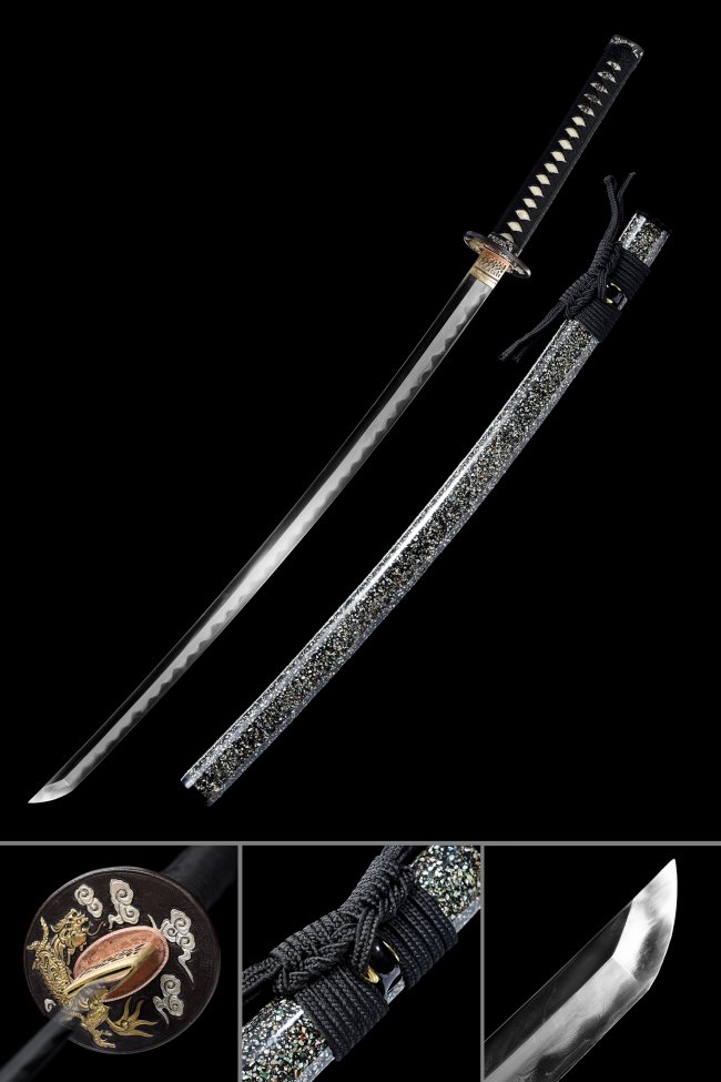 Damascus Steel Katana with Dragon Tsuba in Black-Gold & Marble Saya - Full Tang Replica