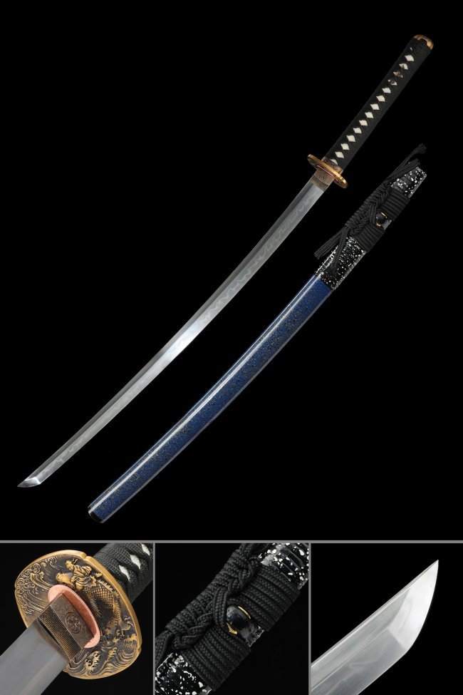 Damascus Steel Katana with Hamon Blade, Gold Dragon Tsuba & Dark Blue Lacquer Saya
