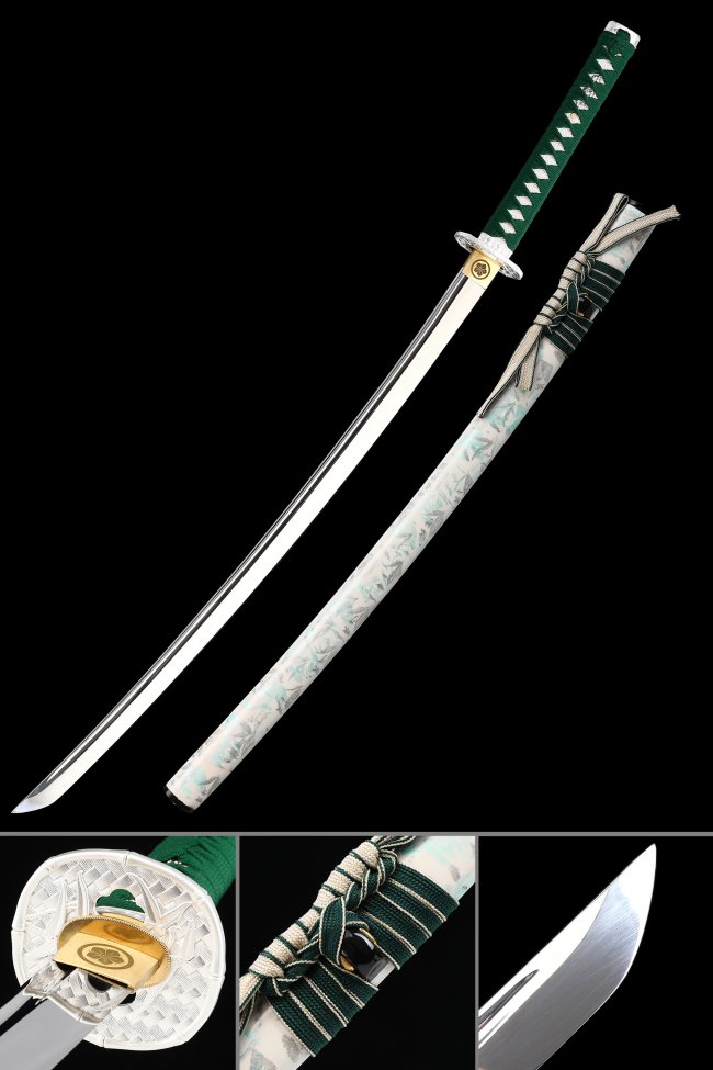 1095 Carbon Steel Katana in White Marble Saya with Green Silk Ito and Chrysanthemum Tsuba