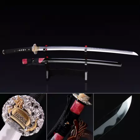 Handmade Katana Sword T10 Folded Clay Tempered Steel With Black Scabbard