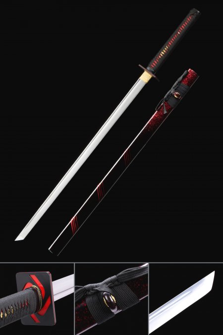Handmade Straight Blade Chokuto Japanese Ninjato Swords With Black Scabbard And Square Guard Tsuba