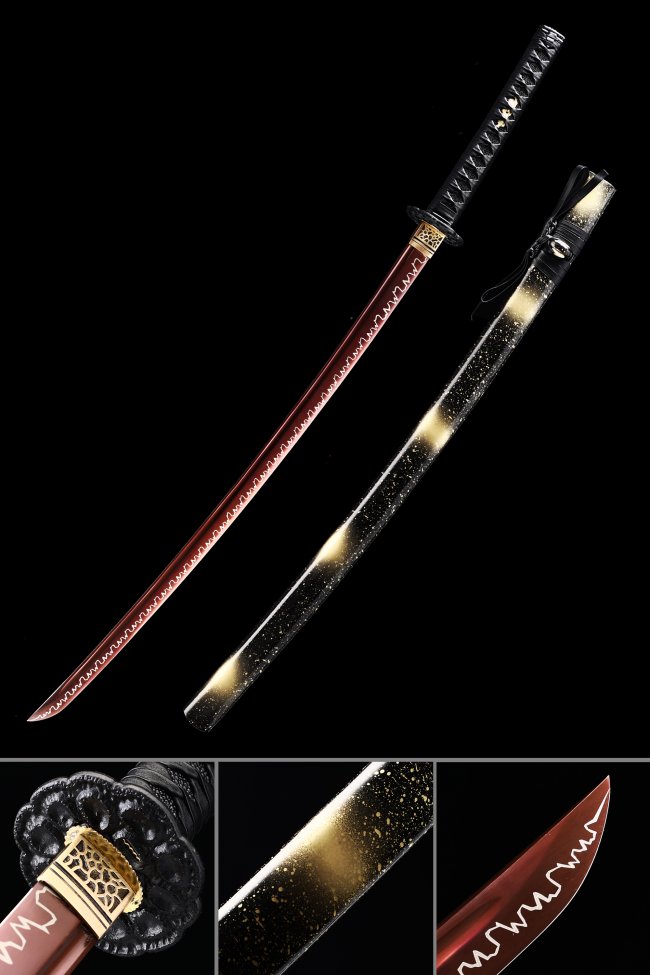 1095 Carbon Steel Katana with Red Blade, Wave Engraving - Black-Gold Lacquer Saya