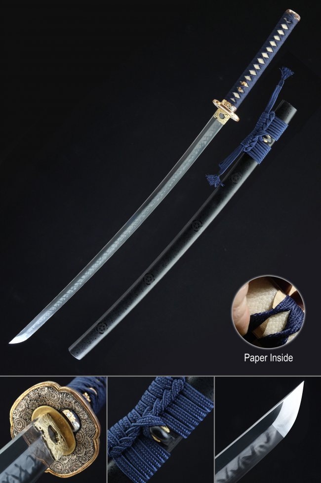 T10 Folded Clay Tempered Katana with Real Hamon in Navy Blue Cord Wrap and Gold Copper Floral Tsuba