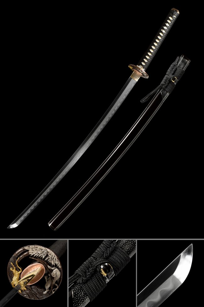 Damascus Steel Katana with Tiger Tsuba - Black Lacquer Saya, Full Tang, Hamon Blade