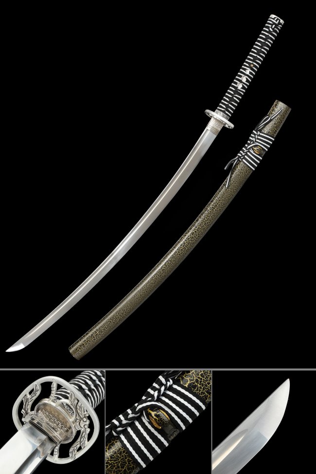 Japanese Katana in 1060 Carbon Steel with Dragonfly Tsuba - Black-Gold Crackle Saya, Black & White Wrap