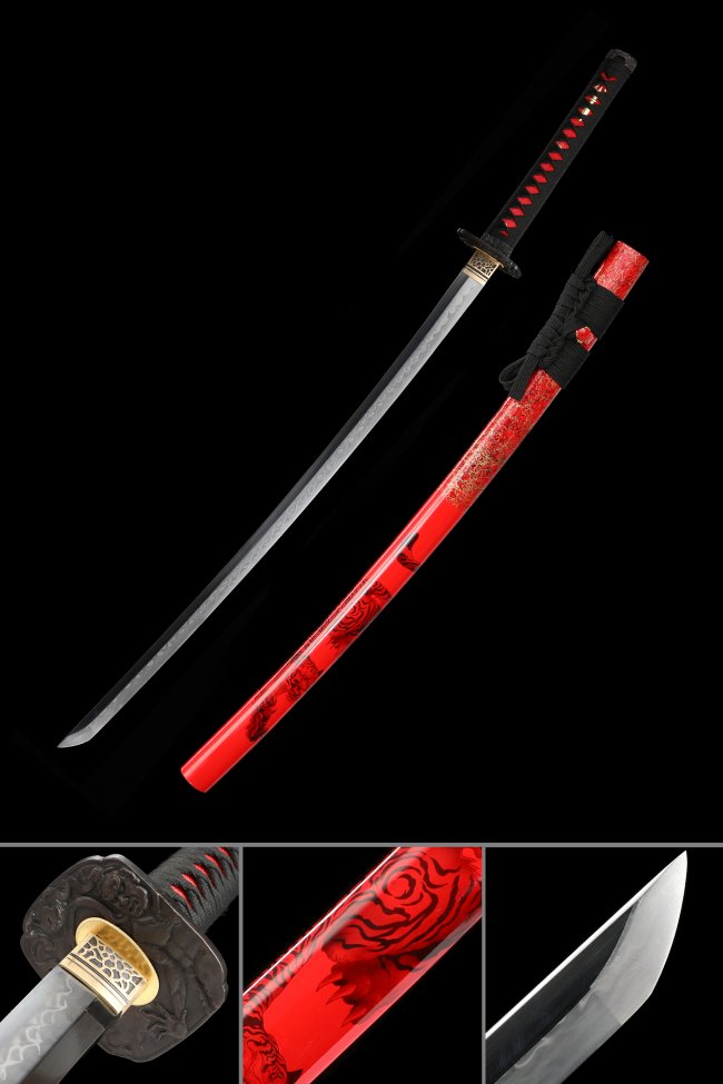T10 Carbon Steel Katana with Red Dragon Saya - Black-Red Tsuka, Hamon Blade, Koshirae